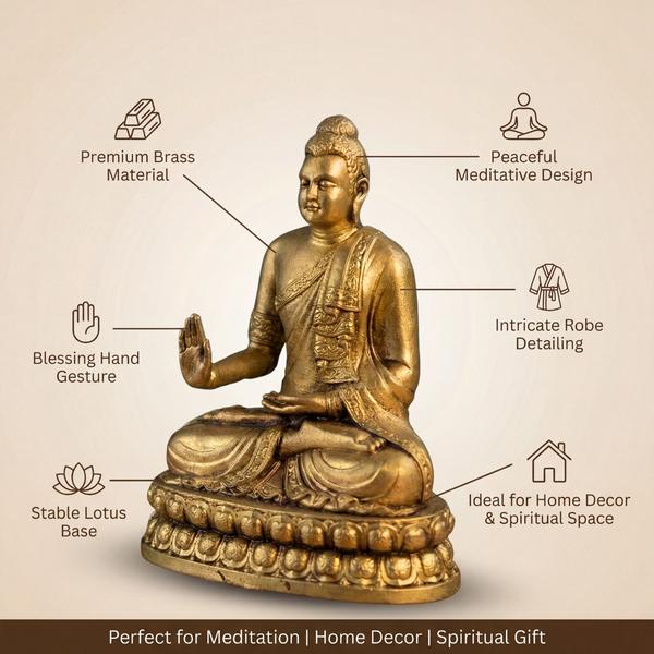 Premium Brass Meditating Buddha Idol on Lotus Base | Blessing Hand Statue for Home Decor, Meditation & Spiritual Gift
