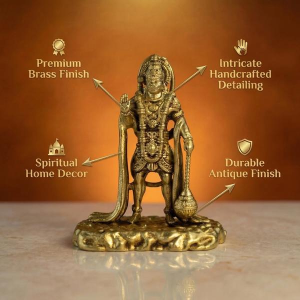 Premium Brass Standing Hanuman Idol with Gada | Antique Bajrangbali Murti for Home Temple, Puja & Spiritual Decor