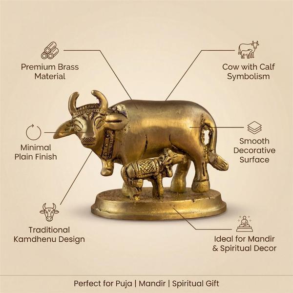 Premium Brass Kamdhenu Cow with Calf Idol | Sacred Gau Mata Murti for Home Temple, Puja & Spiritual Decor