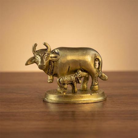Premium Brass Kamdhenu Cow with Calf Idol | Sacred Gau Mata Murti for Home Temple, Puja & Spiritual Decor