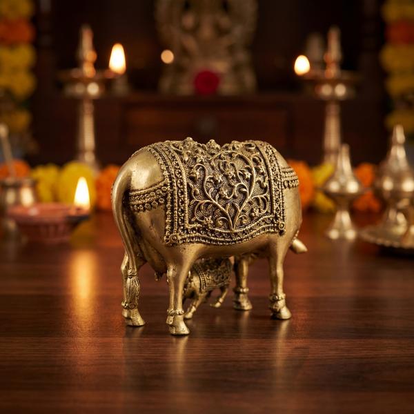 Premium Brass Kamdhenu Cow with Calf Idol | Intricate Engraved Gau Mata Murti for Home Temple, Puja & Spiritual Decor