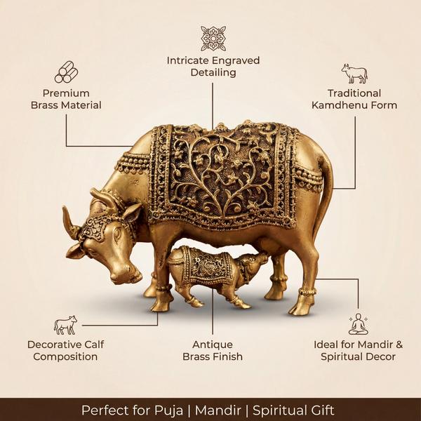 Premium Brass Kamdhenu Cow with Calf Idol | Intricate Engraved Gau Mata Murti for Home Temple, Puja & Spiritual Decor