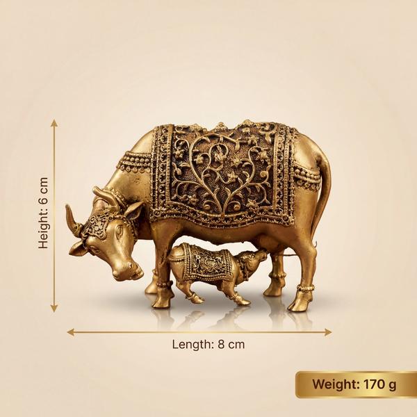 Premium Brass Kamdhenu Cow with Calf Idol | Intricate Engraved Gau Mata Murti for Home Temple, Puja & Spiritual Decor