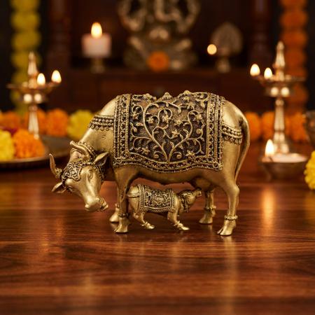 Premium Brass Kamdhenu Cow with Calf Idol | Intricate Engraved Gau Mata Murti for Home Temple, Puja & Spiritual Decor