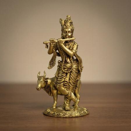 Premium Brass Krishna with Cow Idol | Flute Playing Kanha Murti for Home Temple, Puja & Spiritual Decor