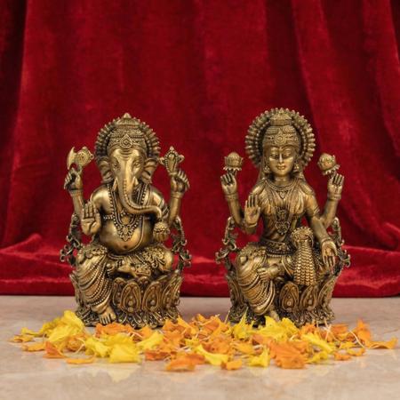 Premium Brass Lakshmi Ganesh Idol Set | Antique Laxmi Ganpati Murti for Home Temple, Puja & Spiritual Decor