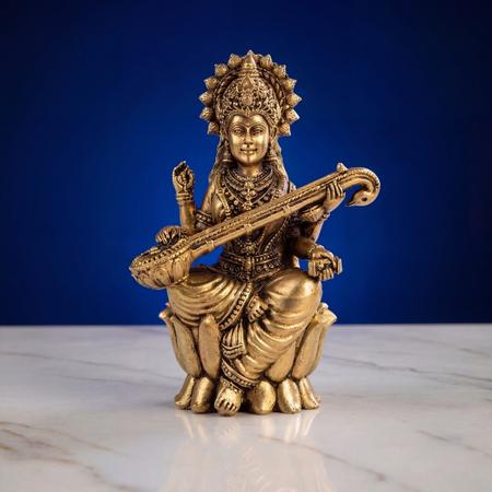 Premium Brass Saraswati Idol with Veena | Antique Maa Saraswati Murti for Home Temple, Study Table & Spiritual Decor