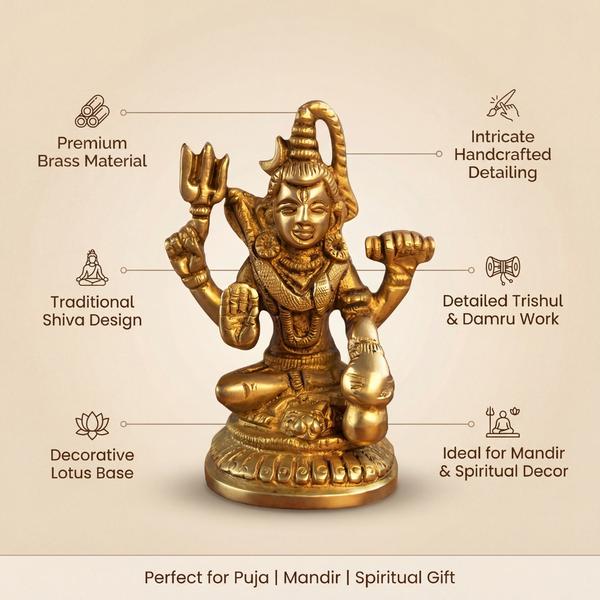 Premium Brass Lord Shiva Idol with Trishul & Damru | Antique Mahadev Murti for Home Temple, Puja & Spiritual Decor