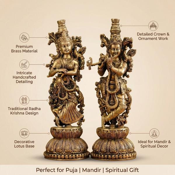 Premium Brass Radha Krishna Idol Set | Antique Standing Radha Krishna Murti for Home Temple, Puja & Spiritual Decor