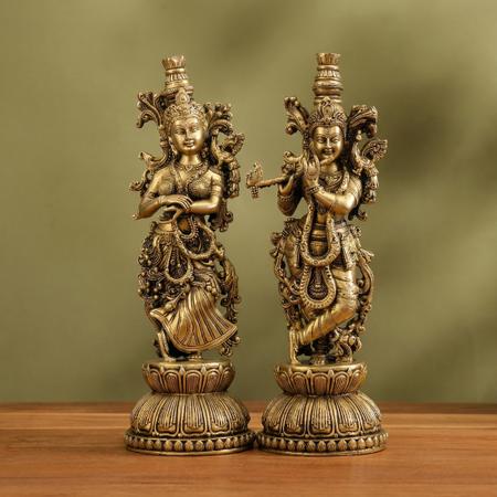Premium Brass Radha Krishna Idol Set | Antique Standing Radha Krishna Murti for Home Temple, Puja & Spiritual Decor