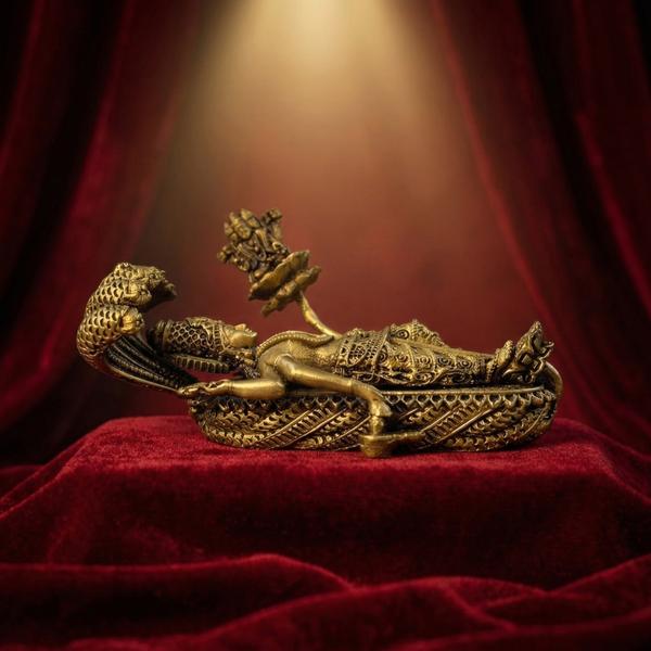 Premium Brass Sheshshayi Vishnu Idol | Reclining Vishnu on Sheshnag Murti for Home Temple, Puja & Spiritual Decor