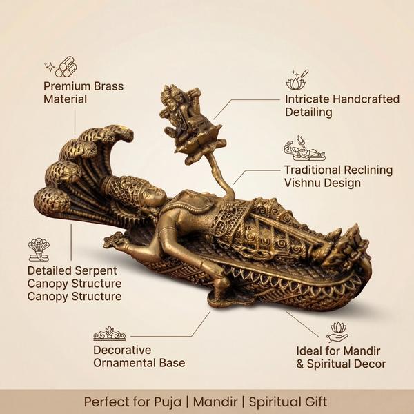 Premium Brass Sheshshayi Vishnu Idol | Reclining Vishnu on Sheshnag Murti for Home Temple, Puja & Spiritual Decor