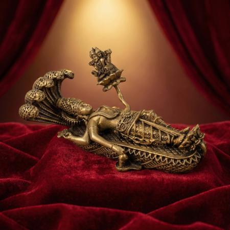 Premium Brass Sheshshayi Vishnu Idol | Reclining Vishnu on Sheshnag Murti for Home Temple, Puja & Spiritual Decor