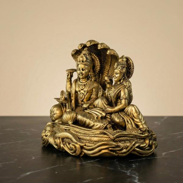 Premium Brass Lakshmi Narayan on Sheshnag Idol | Vishnu Lakshmi Murti for Home Temple, Puja & Spiritual Decor