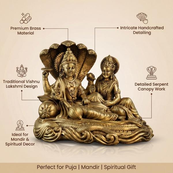 Premium Brass Lakshmi Narayan on Sheshnag Idol | Vishnu Lakshmi Murti for Home Temple, Puja & Spiritual Decor