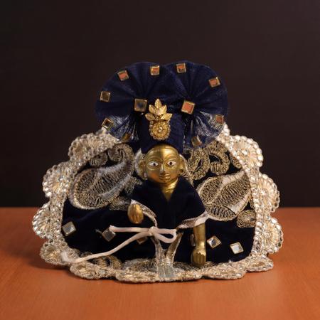 Navy Blue Laddu Gopal Dress Size 3 (6 Inch) | Velvet Bal Gopal Poshak with Mukut | Heavy Zari Embroidery & Mirror Work