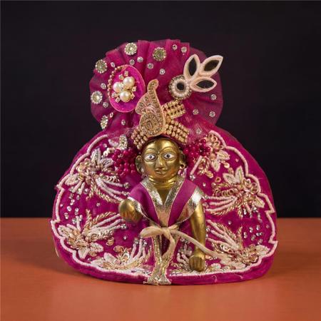 Hinduportal Premium Magenta Laddu Gopal Poshak & Mukut Set | Heavy Pearl Embroidery