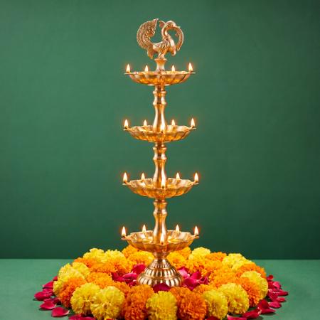 Premium 4-Tier Brass Peacock Diya Stand | Traditional Deepam Oil Lamp for Puja & Festivals