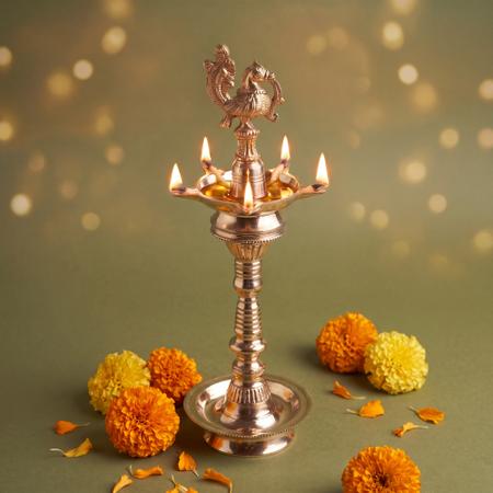 Premium Brass Peacock Diya Lamp | Traditional Deepam Oil Lamp for Puja & Festivals