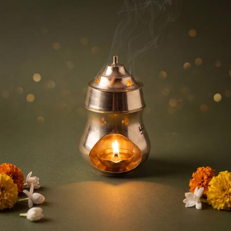 Premium Brass Dhoop Burner with Ventilated Lid | Traditional Camphor & Incense Holder for Puja