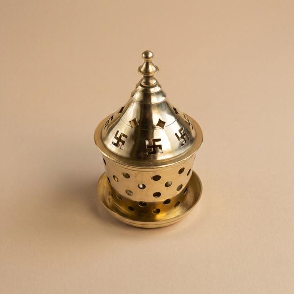 Pure Brass Dhoop Burner with Swastik Lid for Puja & Camphor Use