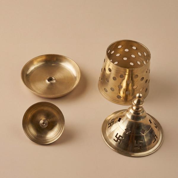 Pure Brass Dhoop Burner with Swastik Lid for Puja & Camphor Use