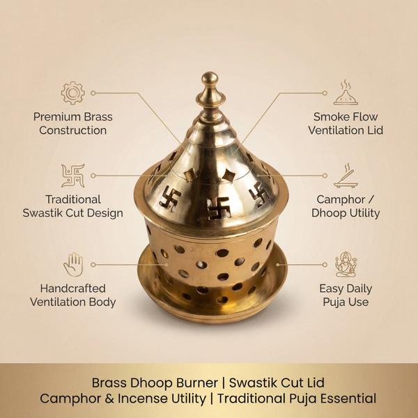 Pure Brass Dhoop Burner with Swastik Lid for Puja & Camphor Use