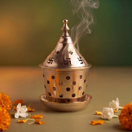 Pure Brass Dhoop Burner with Swastik Lid for Puja & Camphor Use