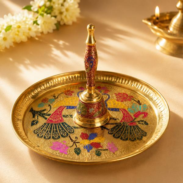 Handcrafted Brass Meenakari Puja Thali with Bell – Twin Peacock Design