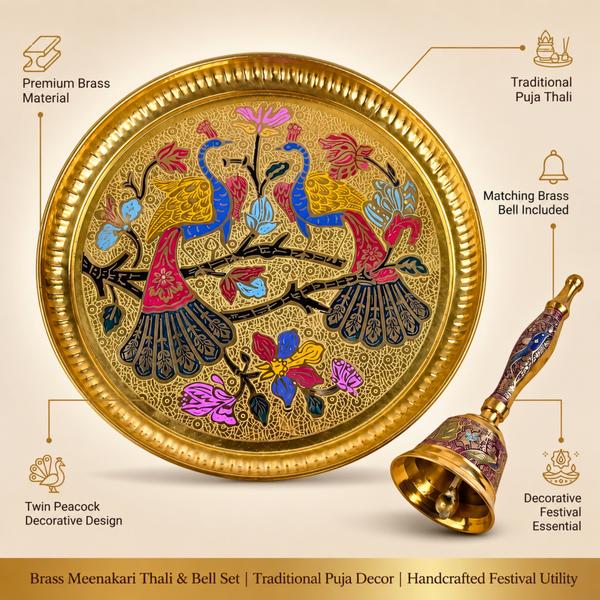 Handcrafted Brass Meenakari Puja Thali with Bell – Twin Peacock Design