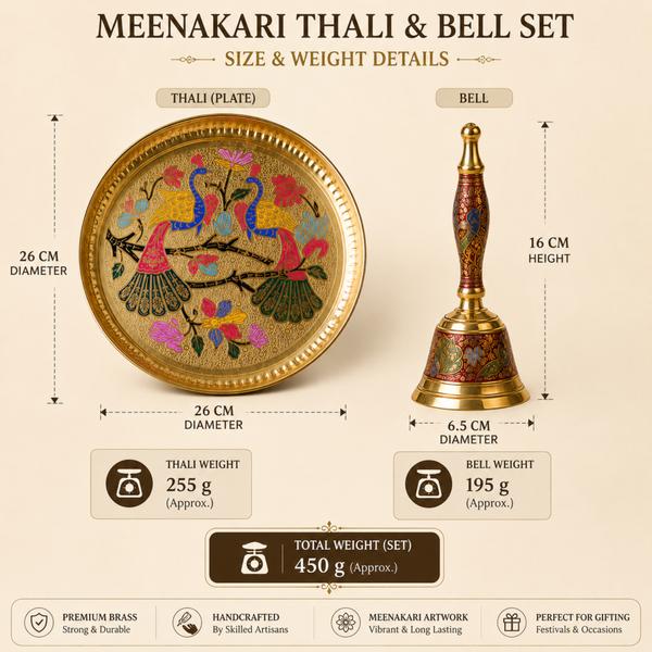 Handcrafted Brass Meenakari Puja Thali with Bell – Twin Peacock Design