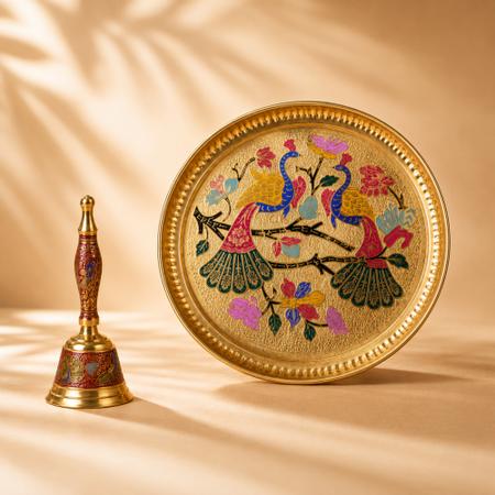 Handcrafted Brass Meenakari Puja Thali with Bell – Twin Peacock Design