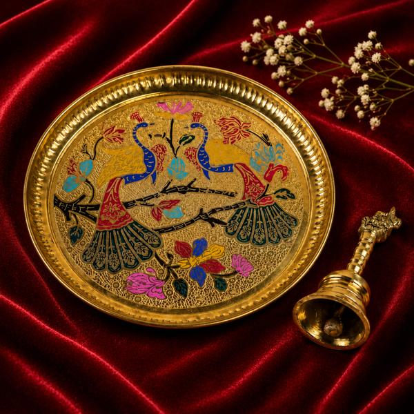 Handcrafted Brass Meenakari Puja Thali with Heavy Nandi Bell