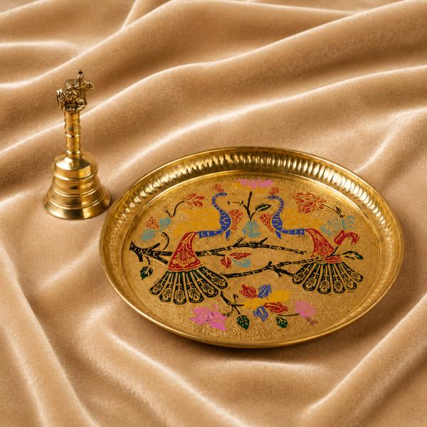 Handcrafted Brass Meenakari Puja Thali with Heavy Nandi Bell