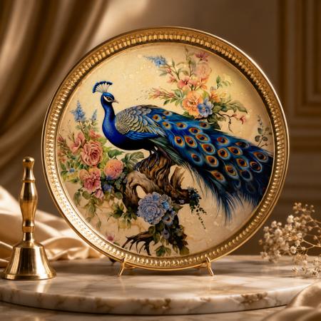 Decorative Peacock Puja Thali Set with Brass Bell