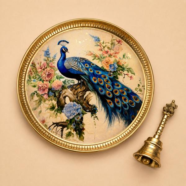 Hinduportal Exclusive Peacock Art Thali & Ritual Bell Set