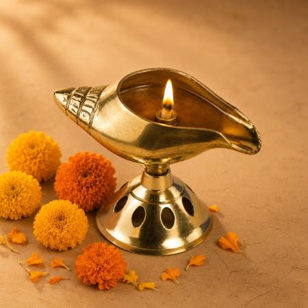 Pure Brass Shankh Diya with Pedestal Base | Traditional Pital Conch Deepam