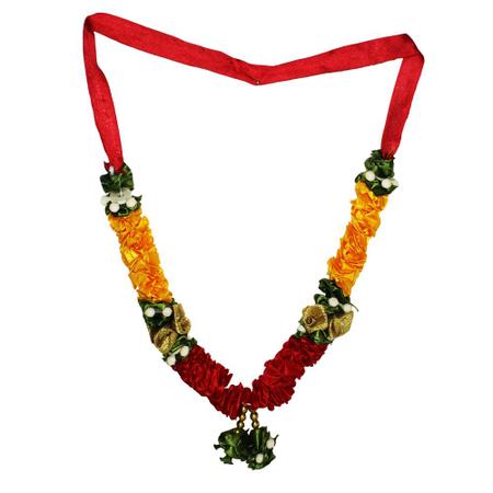 Mala/ Garland Yellow & Red with artificial Flowers- for God/ Idol/ Puja Decor/ Festival/ Photo frame- Pack of 1- Length 22cm/8.6inches