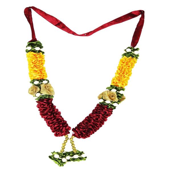 Mala/ Garland Yellow & Maroon with artificial Flowers- for God/ Idol/ Puja Decor/ Festival/ Photo frame- Pack of 1- Length 22cm/8.6inches