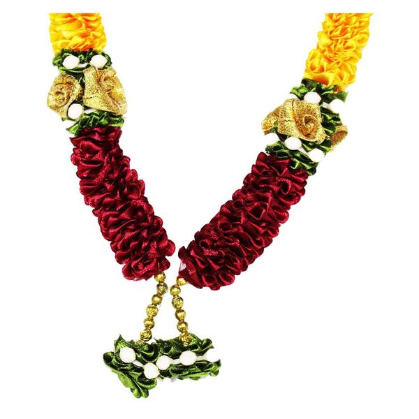 Mala/ Garland Yellow & Maroon with artificial Flowers- for God/ Idol/ Puja Decor/ Festival/ Photo frame- Pack of 1- Length 22cm/8.6inches