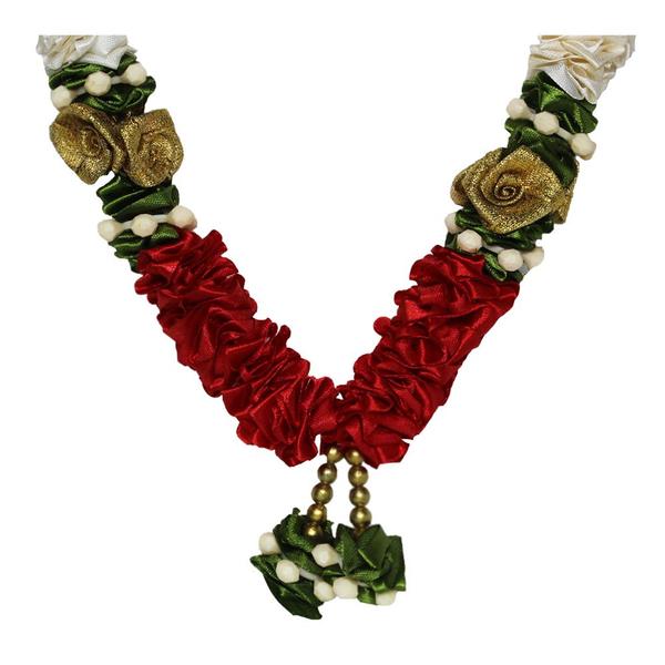 Mala/ Garland White & Red with artificial Flowers- for God/ Idol/ Puja Decor/ Festival/ Photo frame- Pack of 1- Length 22cm/8.6inches