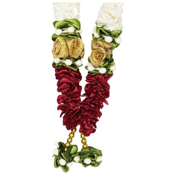 Mala/ Garland White & Maroon with artificial Flowers- for God/ Idol/ Puja Decor/ Festival/ Photo frame- Pack of 1- Length 22cm/8.6inches
