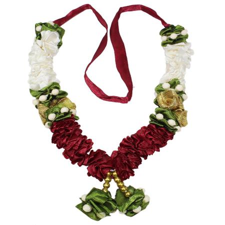 Mala/ Garland White & Maroon with artificial Flowers- for God/ Idol/ Puja Decor/ Festival/ Photo frame- Pack of 1- Length 22cm/8.6inches