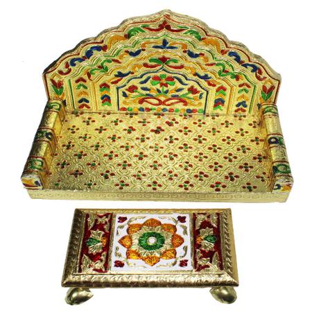 Handcrafted Meenakari Pooja Singhasan (Large)  with Chowki (Medium) set- For Mandir Home Office & Gift Purpose- Ideal for Laddu Gopal Ji Kishan Ji & Other Idols/ God