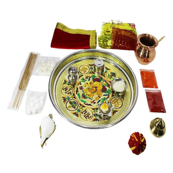 Meenakari Puja Thali Set- - For Pooja Room Home Temple Office- with necessary pooja items