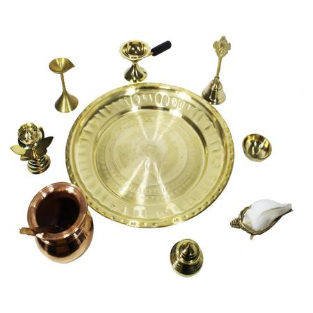 Brass Puja Thali Set- For Pooja Room Home Temple Office- with Panchapatra Ghanti Jal Sankha Agarbaati Stand Pradip Karpur dani Sindur dani & a small katori