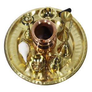 Brass Puja Thali Set- For Pooja Room Home Temple Office- with Panchapatra Ghanti Jal Sankha Agarbaati Stand Pradip Karpur dani Sindur dani & a small katori
