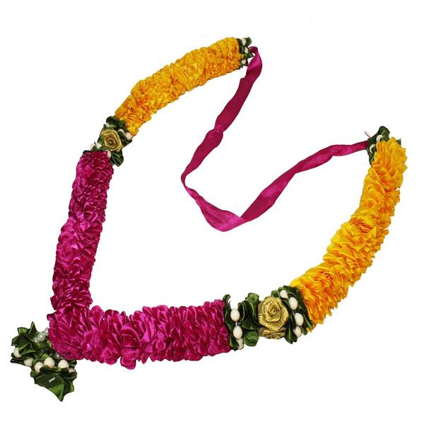Yellow & Pink Mala/ Garland with artificial roses- for God/ Idol/ Puja Decor/ Festival/ Photo frame- 56cmX4cmX3cm