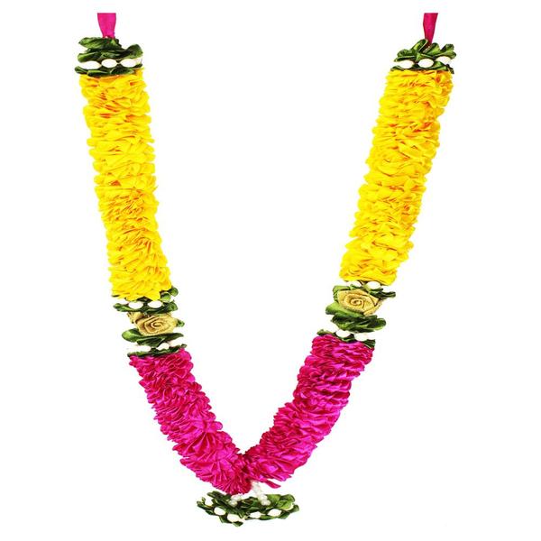 Yellow & Pink Mala/ Garland with artificial roses- for God/ Idol/ Puja Decor/ Festival/ Photo frame- 56cmX4cmX3cm