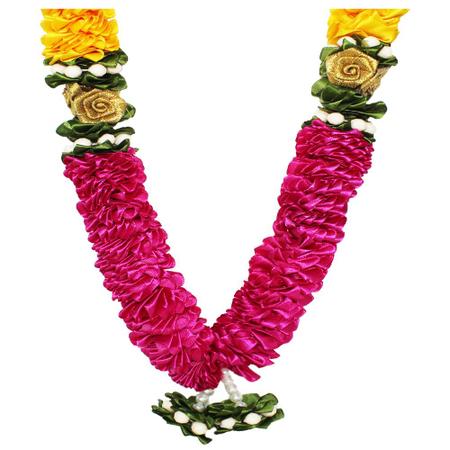 Yellow & Pink Mala/ Garland with artificial roses- for God/ Idol/ Puja Decor/ Festival/ Photo frame- 56cmX4cmX3cm